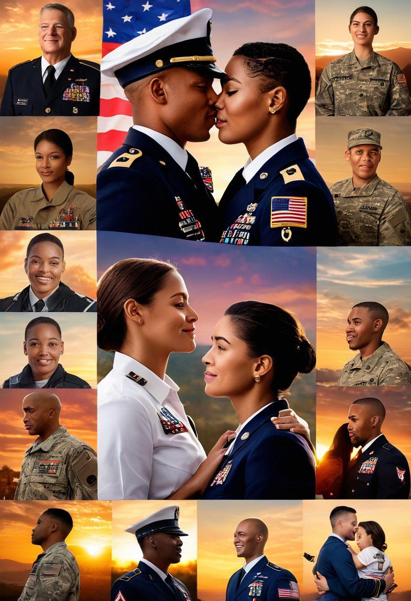 A collage of diverse veterans in uniform, showcasing moments of bravery and camaraderie, surrounded by their loved ones in warm embrace. Incorporate symbols of valor like medals and flags, along with heartwarming scenes of family gatherings and celebrations. The background should be a gentle sunset to signify hope and belonging. super-realistic. vibrant colors.