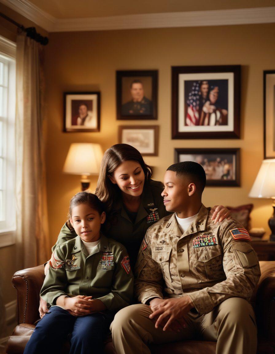 A warm and heartfelt scene depicting a military family gathered together in their home, showcasing moments of pride and connection. Include a veteran in uniform sharing stories with children, framed by photographs of military service on the walls. Soft lighting and an atmosphere of love and respect should fill the room. Emphasize elements of family unity and sacrifice subtly present in the background. super-realistic. warm tones. intimate setting.