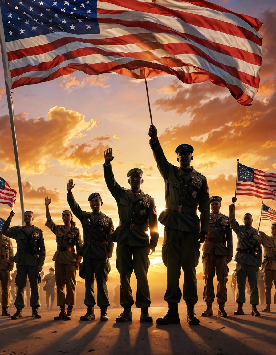 A powerful scene depicting a diverse group of military advocates rallying support, standing behind a waving flag. Soldiers in uniform are engaging with family members, showcasing unity and strength. Incorporate emotional expressions reflecting determination and hope. The background features a vibrant sunset, symbolizing hope and resilience. super-realistic. vibrant colors. 3D.